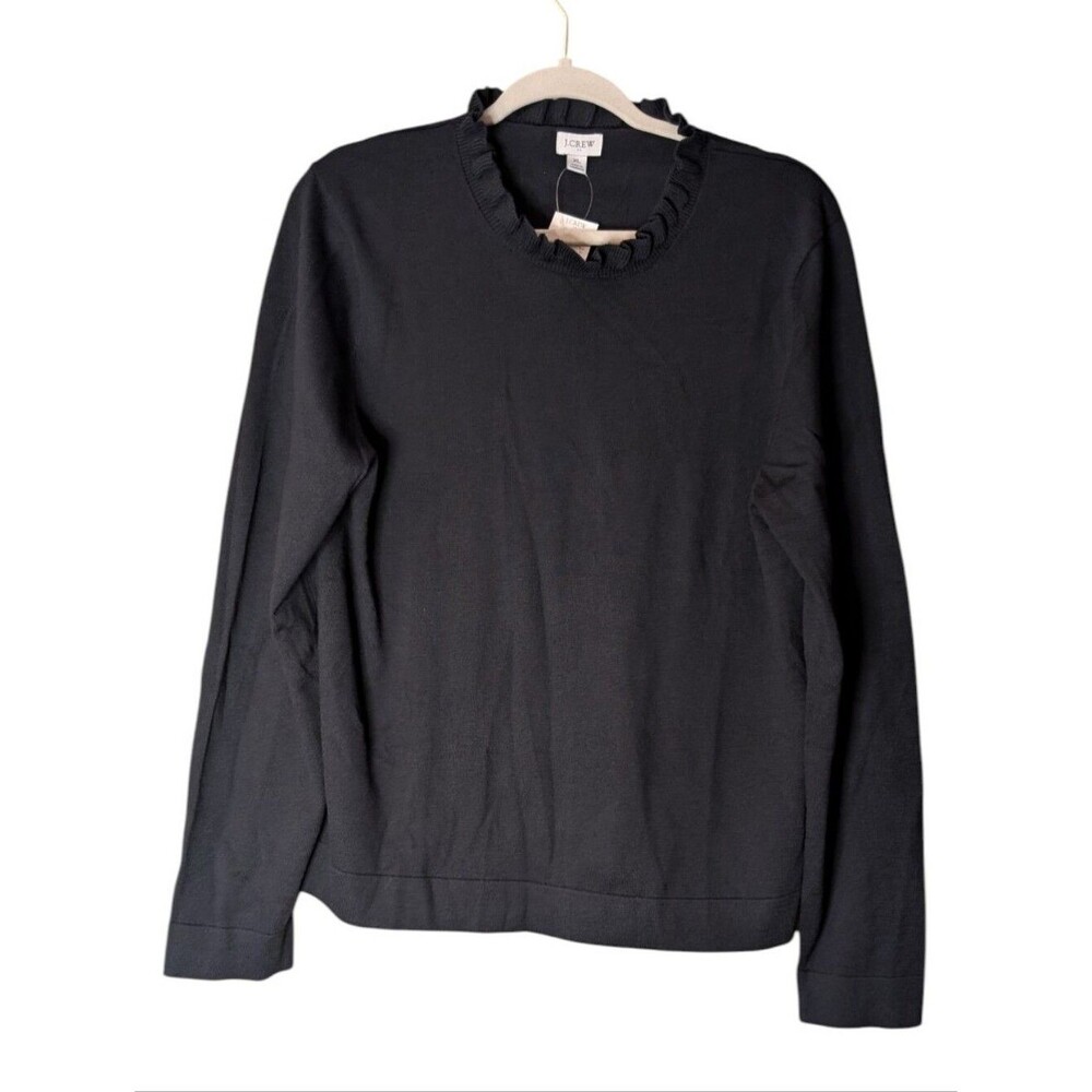 NWT J.Crew black Cotton Ruffle neck Pullover Sweater size XL long sleeve knit